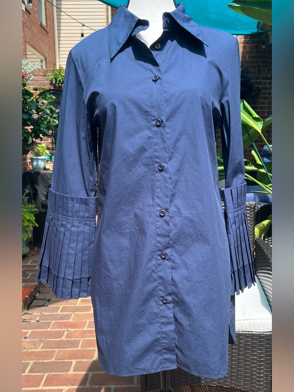 Vintage Carole Christian 100% Cotton Shirt Dress Sz S Navy Statement Sleeve 90s